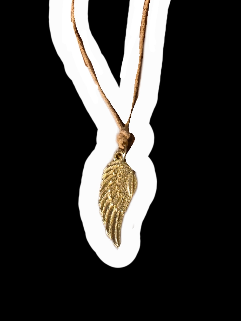 Gold Wing Pendant Necklace on Tan Cord